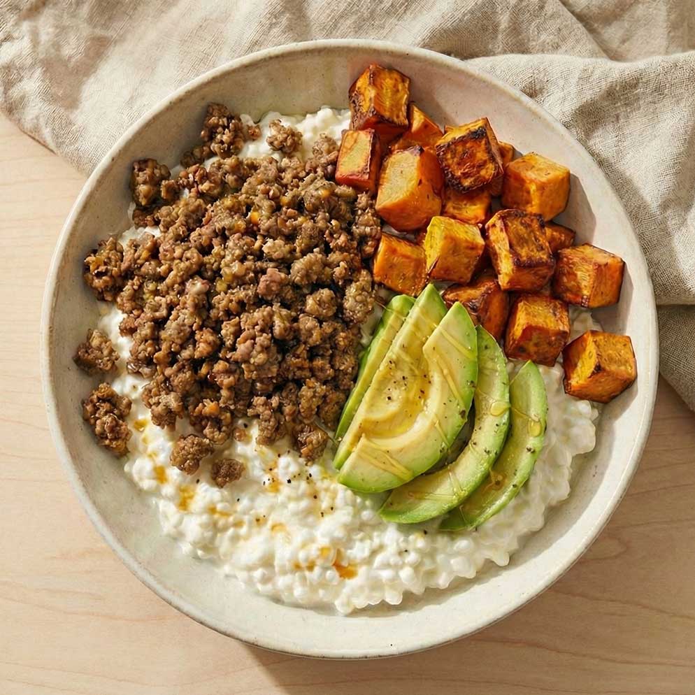 COTTAGE CHEESE GROUND BEEF AND SWEET POTATO BOWLS