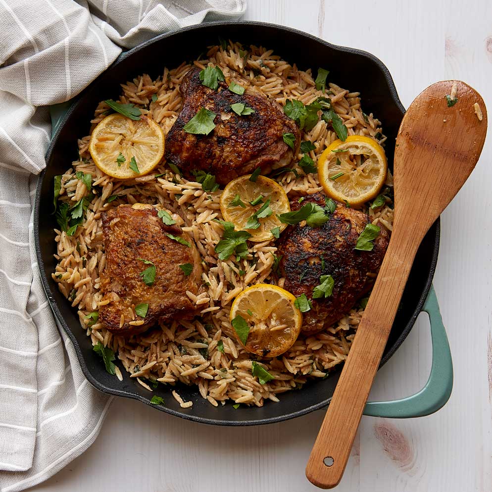 Open-Pan Lemon parsley chicken orzo skillet
